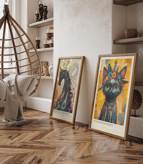 Paul Sinus Leinwandbild 40x60cm Boho Katze leuchtend bunt mystisch kunstvolle Wandkunst tribal spirituell energiegeladen faszinierend ausdrucksstark