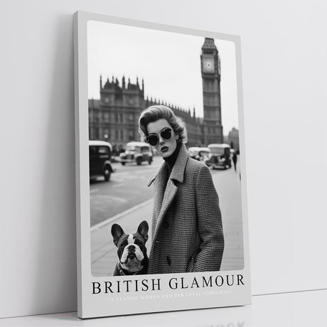 Paul Sinus Leinwandbild 60x90cm Leinwandbild Britischer Glamour – Stilvolle Schwarz-Weiß-Fotografie einer eleganten Frau mit Hund vor Big Ben
