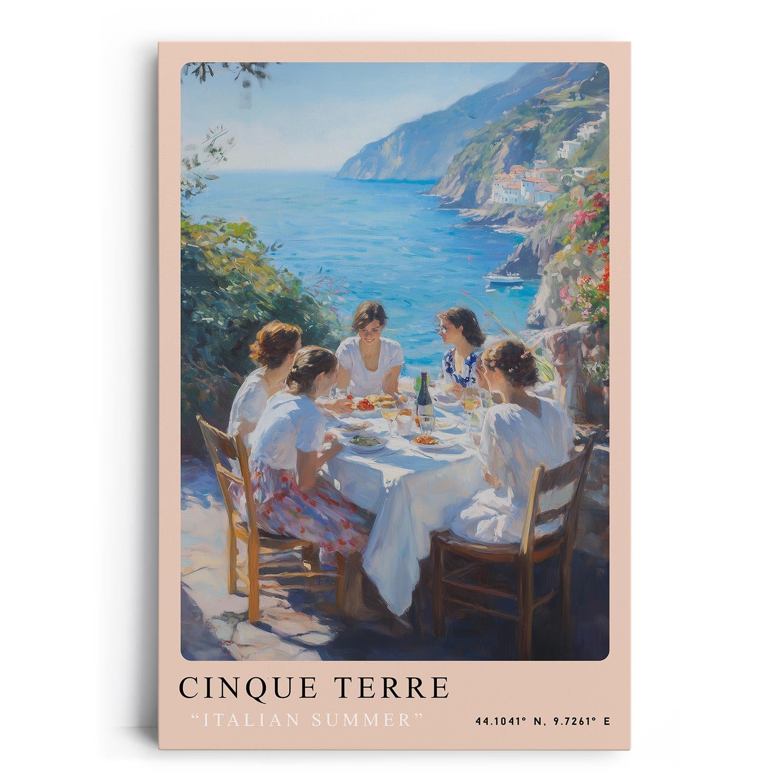 Paul Sinus Leinwandbild 80x120cm Cinque Terre – Italien, Sommer, Mittelmeer, Landschaft, Küste, Urlaub, Genuss, Wein, Meerblick, Essen, Gemeinschaft