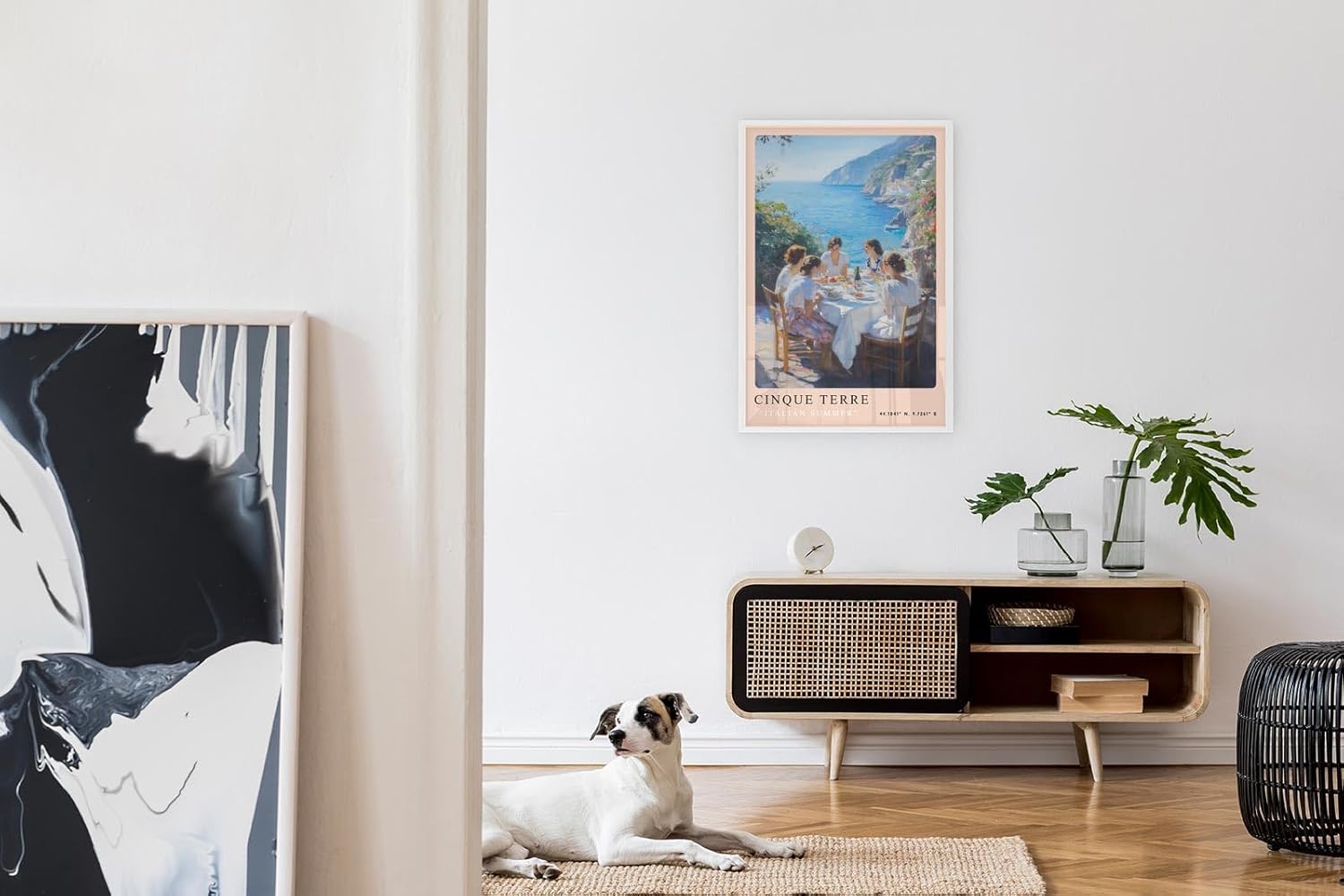 Paul Sinus Leinwandbild 80x120cm Cinque Terre – Italien, Sommer, Mittelmeer, Landschaft, Küste, Urlaub, Genuss, Wein, Meerblick, Essen, Gemeinschaft