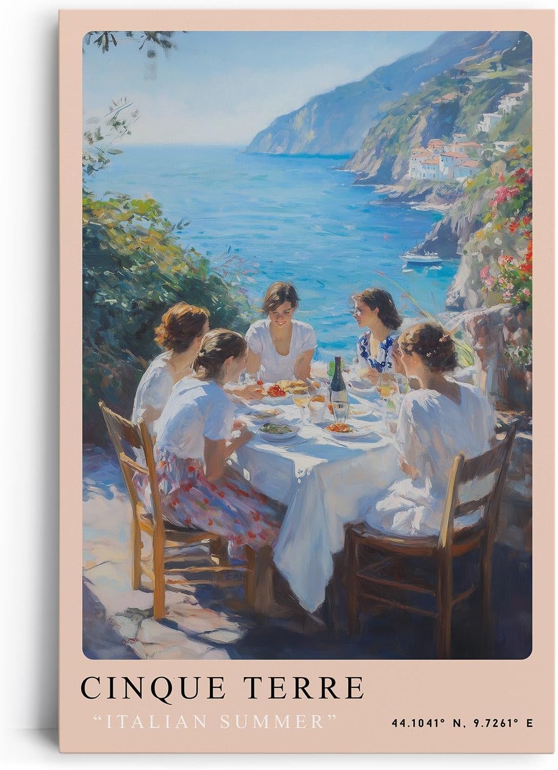 Paul Sinus Leinwandbild 80x120cm Cinque Terre – Italien, Sommer, Mittelmeer, Landschaft, Küste, Urlaub, Genuss, Wein, Meerblick, Essen, Gemeinschaft
