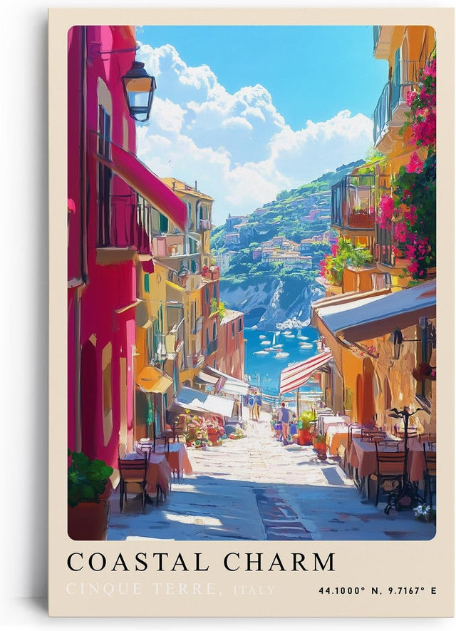 Paul Sinus Leinwandbild 80x120cm Coastal Charm – Italien, Cinque Terre, Mittelmeer, Küste, Farben, Urlaub, Sommer, Architektur, Charme, Gasse