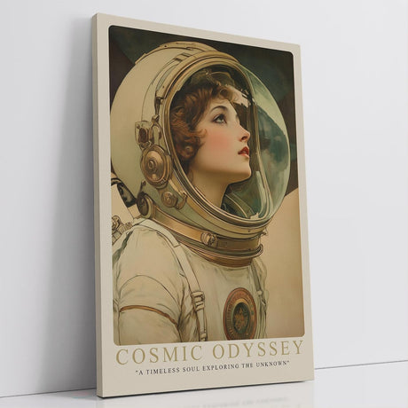 Paul Sinus Leinwandbild 60x90cm Cosmic Odyssey – Faszinierendes Leinwandbild einer visionären Astronautin mit nostalgischem Blick ins Unbekannte
