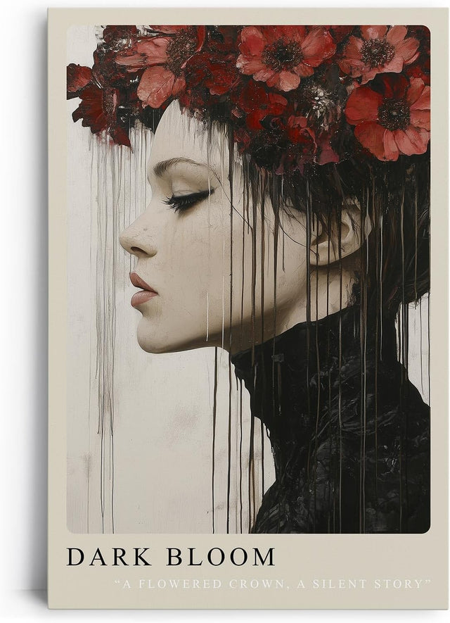 Paul Sinus Leinwandbild 40x60cm Dark Bloom elegantes Porträt mit roter Blütenkrone mystisch surreal ausdrucksstark melancholisch dunkle Ästhetik