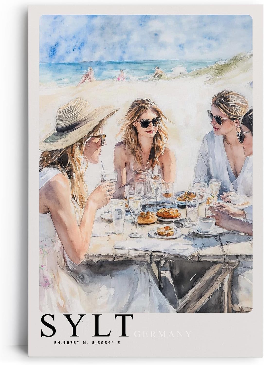 Paul Sinus Leinwandbild 40x60cm Leinwandbild Elegantes Strandfrühstück auf Sylt – Sommerliche Strandatmosphäre, Frauen im weißen Look