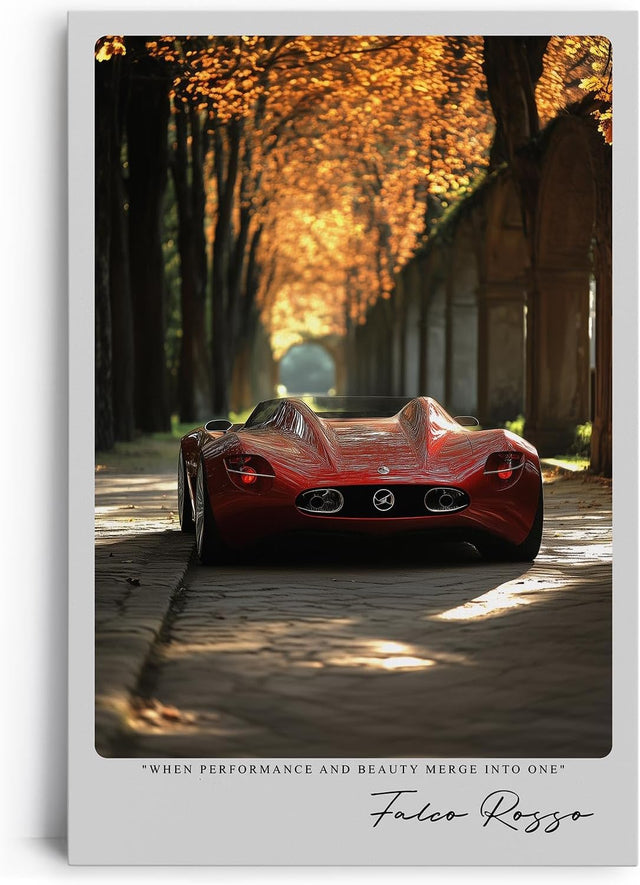 Paul Sinus Leinwandbild 60x90cm Falco Rosso Leinwandbild rotes Auto in herbstlicher Allee faszinierendes Zusammenspiel von Leistung und Schönheit