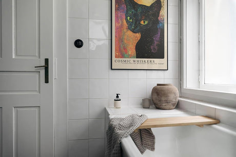 Paul Sinus Leinwandbild 60x90cm faszinierende Darstellung einer kosmischen Katze mit leuchtenden Augen, kunstvolle Wandkunst in galaktischen Farben