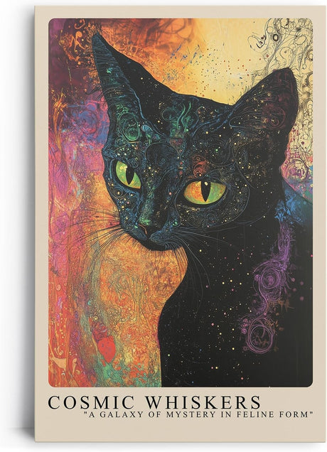 Paul Sinus Leinwandbild 60x90cm faszinierende Darstellung einer kosmischen Katze mit leuchtenden Augen, kunstvolle Wandkunst in galaktischen Farben