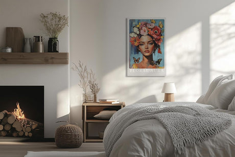 Paul Sinus Leinwandbild 60x90cm Leinwandbild Florale Aura – Ausdrucksstarkes Porträt mit blühender Blumenkrone und Schmetterlingen, leuchtende Farben