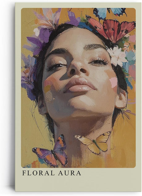 Paul Sinus Leinwandbild 40x60cm Leinwandbild Florale Aura – Ausdrucksstarkes Porträt mit Blumen und Schmetterlingen, leuchtende Farben