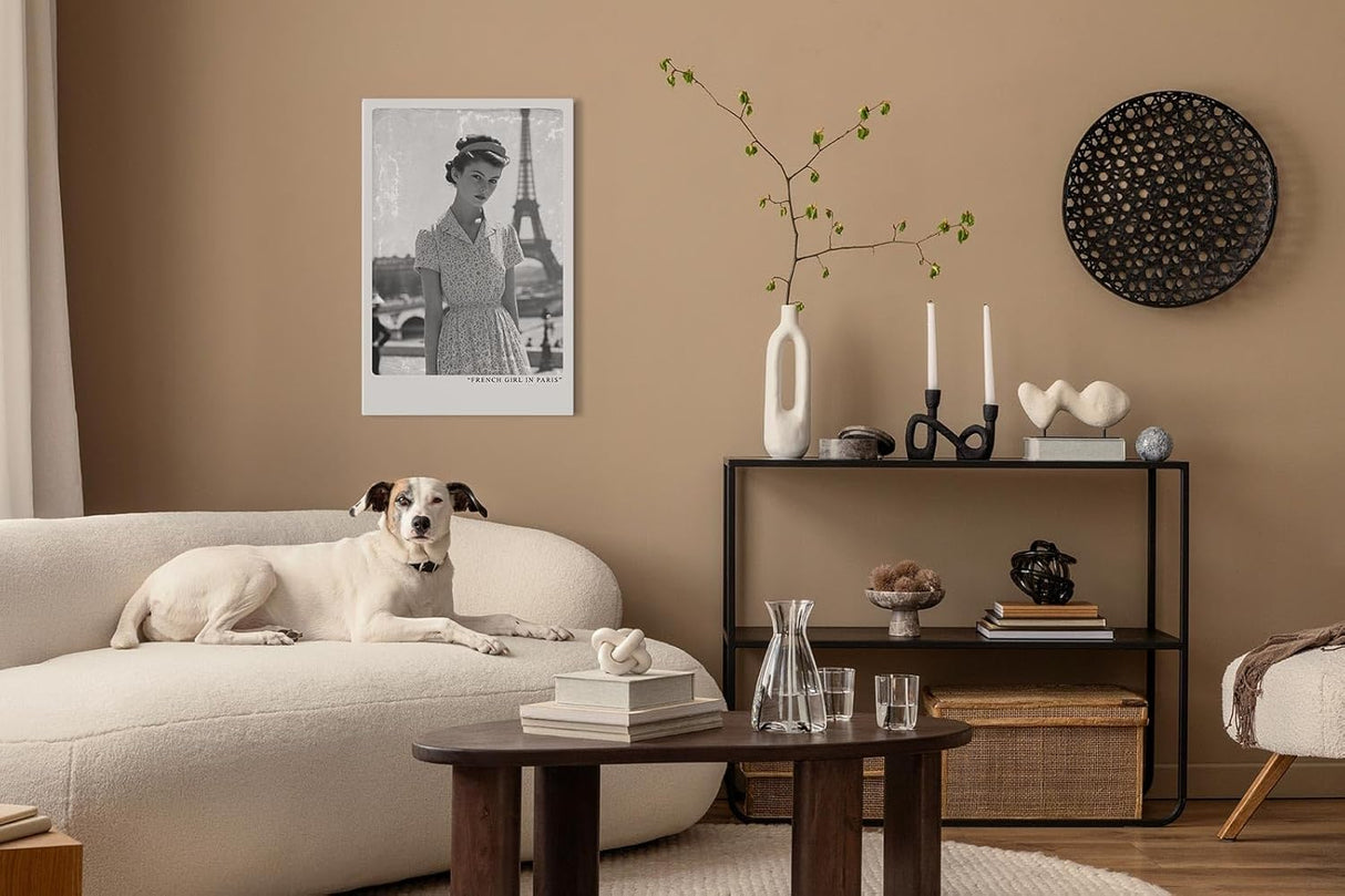 Paul Sinus Leinwandbild 60x90cm Französisches Mädchen in Paris – Vintage, Nostalgie, Fotografie, Schwarz-Weiß, Mode, 50er Jahre, Eleganz, Romantik