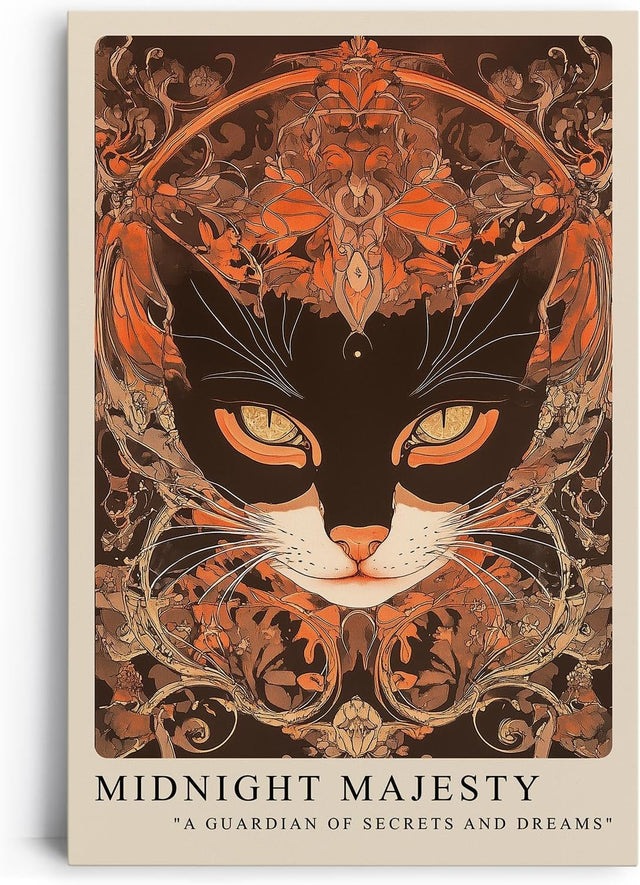 Paul Sinus Leinwandbild 40x60cm geheimnisvolle Katzenillustration mit kunstvollen Ornamenten in warmen Erdtönen, magische Wandkunst
