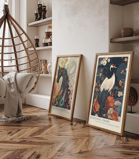 Paul Sinus Leinwandbild 60x90cm Leinwandbild Himmlischer Kranich – Elegante Illustration eines Kranichs in einem traumhaften Garten, asiatische Ästhetik