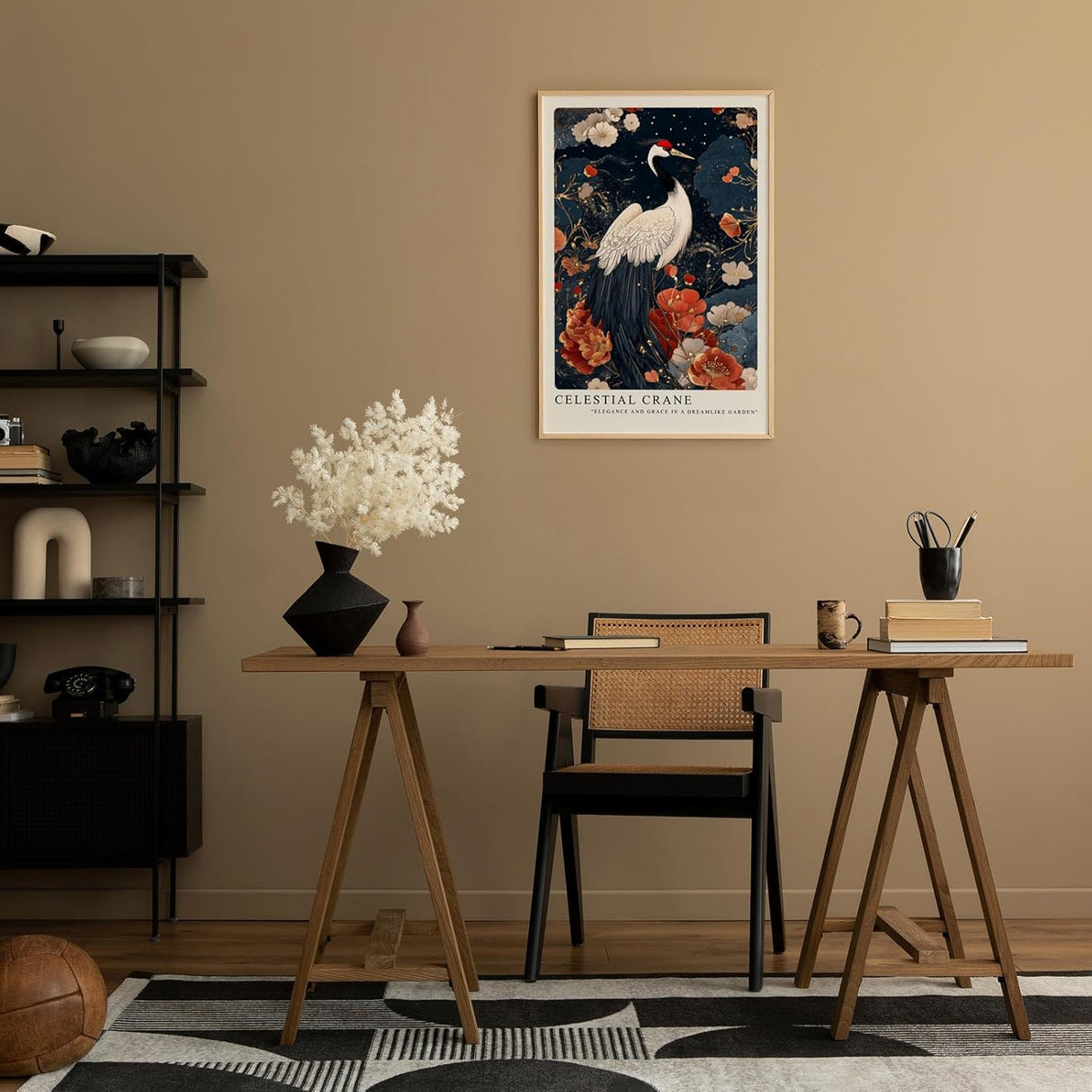 Paul Sinus Leinwandbild 60x90cm Leinwandbild Himmlischer Kranich – Elegante Illustration eines Kranichs in einem traumhaften Garten, asiatische Ästhetik