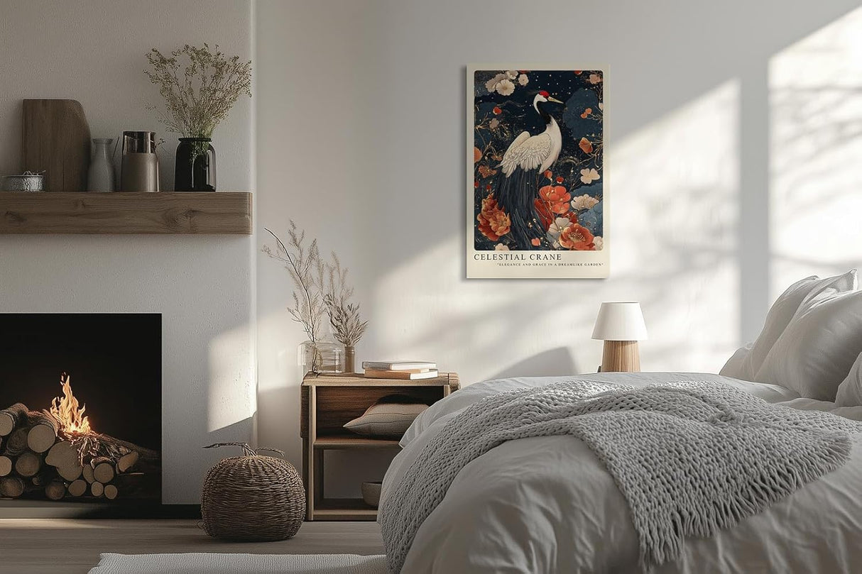 Paul Sinus Leinwandbild 60x90cm Leinwandbild Himmlischer Kranich – Elegante Illustration eines Kranichs in einem traumhaften Garten, asiatische Ästhetik