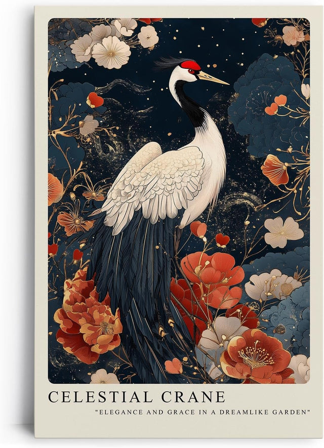 Paul Sinus Leinwandbild 60x90cm Leinwandbild Himmlischer Kranich – Elegante Illustration eines Kranichs in einem traumhaften Garten, asiatische Ästhetik