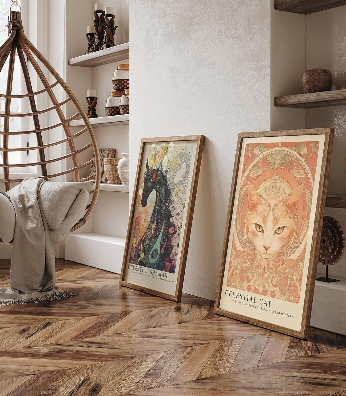Paul Sinus Leinwandbild 60x90cm kunstvolle Darstellung einer mystischen Katze mit ornamentalen Verzierungen, harmonische Wandkunst in warmen Erdtönen
