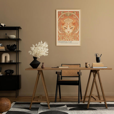 Paul Sinus Leinwandbild 60x90cm kunstvolle Darstellung einer mystischen Katze mit ornamentalen Verzierungen, harmonische Wandkunst in warmen Erdtönen