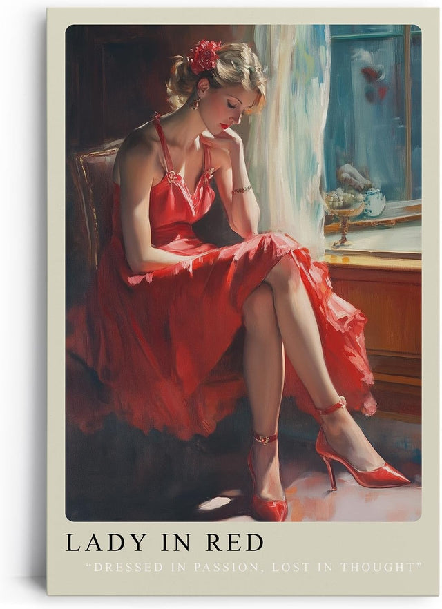 Paul Sinus Leinwandbild 60x90cm Lady in Red – Frau, Rot, Eleganz, Leidenschaft, Nostalgie, Sinnlichkeit, Vintage, Romantik, Kunst, Schönheit, Emotion