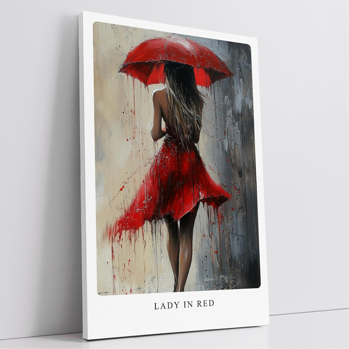 Paul Sinus Leinwandbild 60x90cm Lady in Red – Frau, Rot, Kunst, Regenschirm, Leidenschaft, Eleganz, Sinnlichkeit, Mystik, Emotion, Bewegung, Abstrakt
