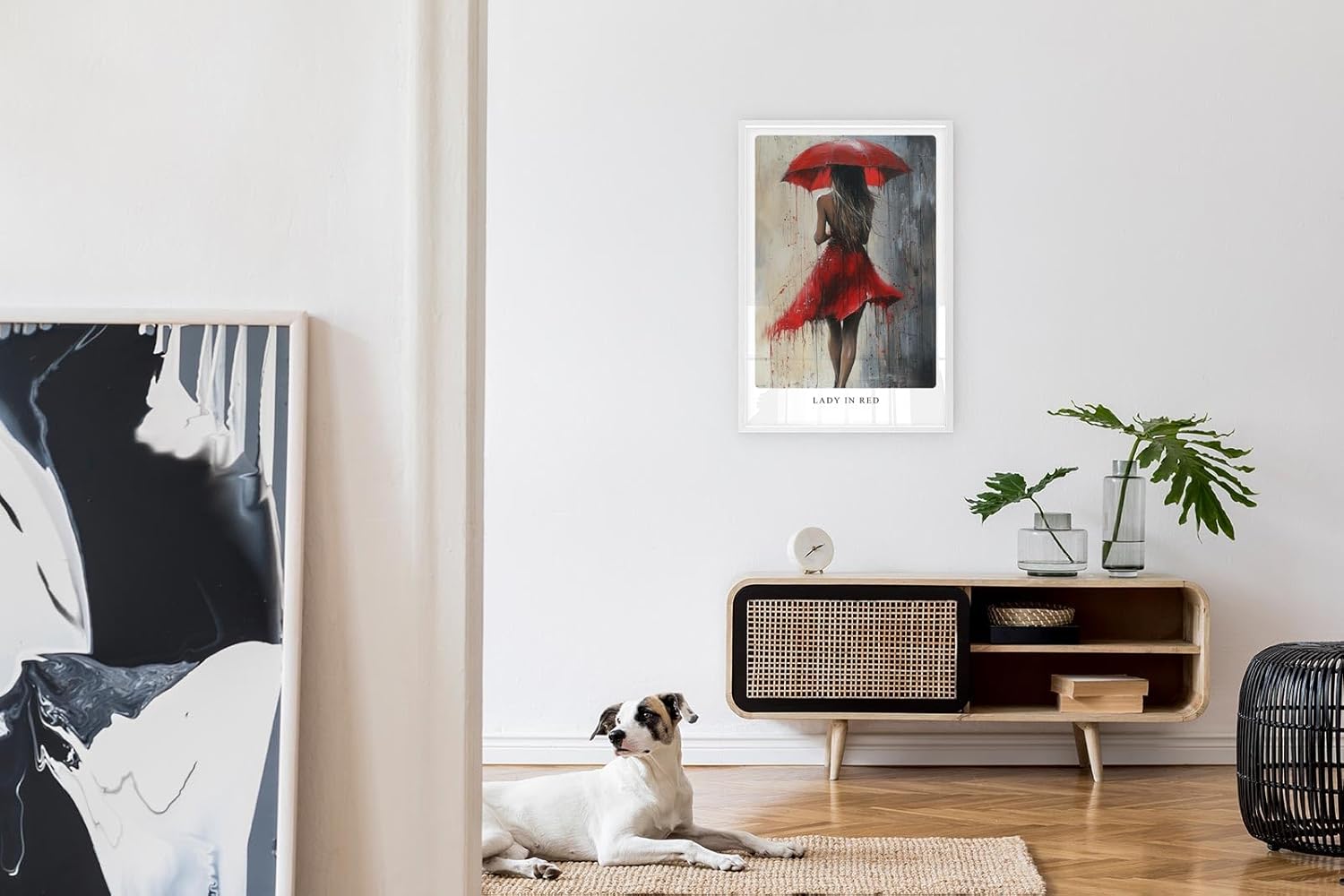 Paul Sinus Leinwandbild 60x90cm Lady in Red – Frau, Rot, Kunst, Regenschirm, Leidenschaft, Eleganz, Sinnlichkeit, Mystik, Emotion, Bewegung, Abstrakt