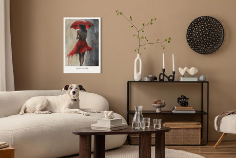 Paul Sinus Leinwandbild 60x90cm Lady in Red – Frau, Rot, Kunst, Regenschirm, Leidenschaft, Eleganz, Sinnlichkeit, Mystik, Emotion, Bewegung, Abstrakt