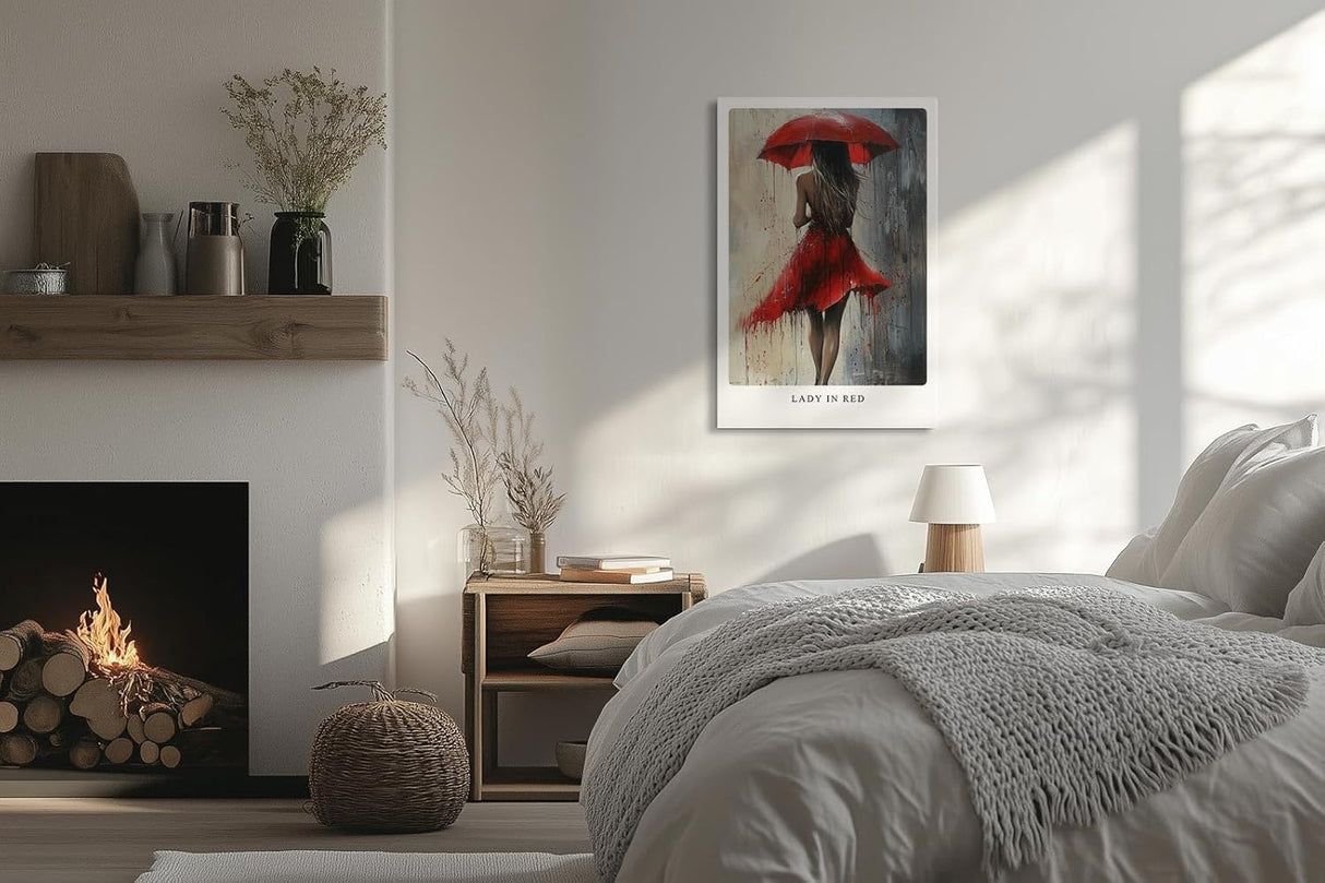 Paul Sinus Leinwandbild 60x90cm Lady in Red – Frau, Rot, Kunst, Regenschirm, Leidenschaft, Eleganz, Sinnlichkeit, Mystik, Emotion, Bewegung, Abstrakt