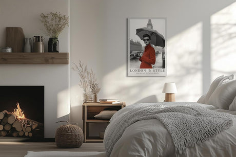 Paul Sinus Leinwandbild 40x60cm Leinwandbild London in Style – Elegante Frau mit rotem Mantel vor Big Ben, stilvolle Schwarz-Weiß-Fotografie