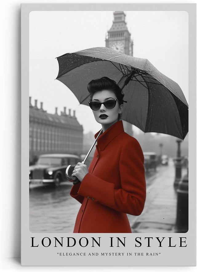 Paul Sinus Leinwandbild 40x60cm Leinwandbild London in Style – Elegante Frau mit rotem Mantel vor Big Ben, stilvolle Schwarz-Weiß-Fotografie