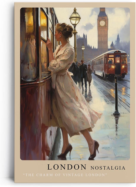 Paul Sinus Leinwandbild 60x90cm London Nostalgie – Romantische Szene einer Frau in Vintage-Kleidung, die in London in eine Straßenbahn einsteigt