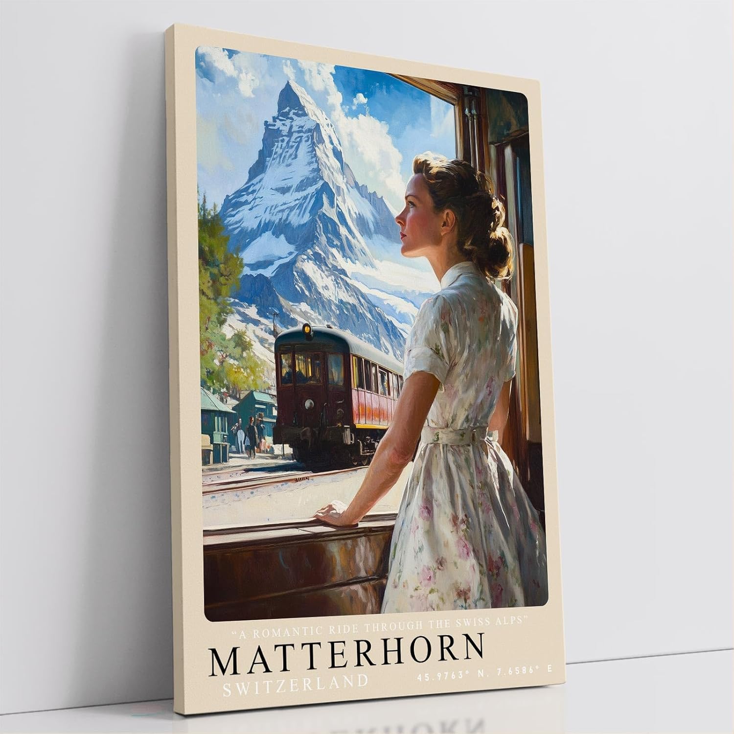 Paul Sinus Leinwandbild 60x90cm Matterhorn – Nostalgie, Alpenpanorama, Zugreise, Vintage, Natur, Romantik, Eisenbahn, Berge, Schweiz, Abenteuer