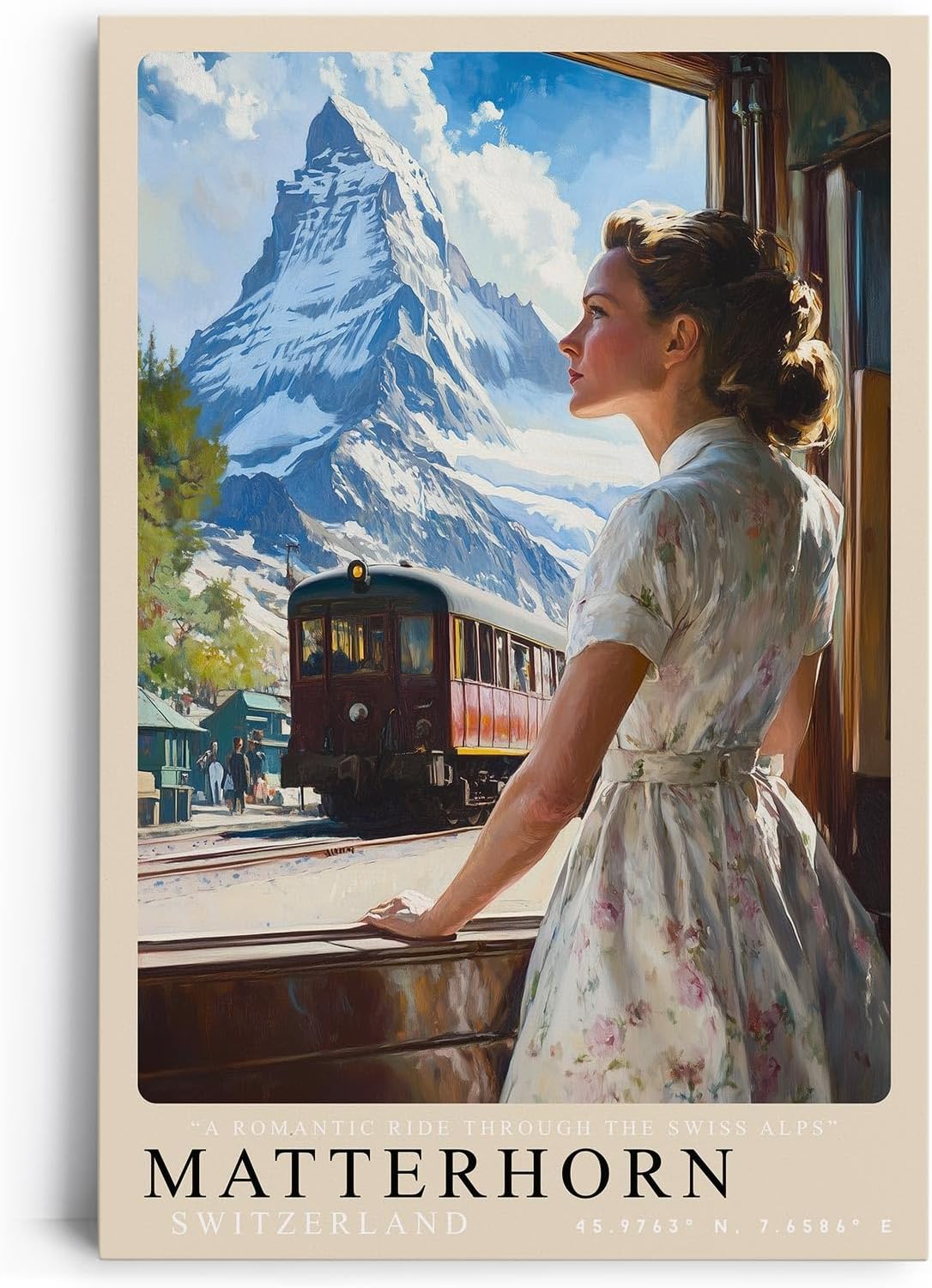 Paul Sinus Leinwandbild 60x90cm Matterhorn – Nostalgie, Alpenpanorama, Zugreise, Vintage, Natur, Romantik, Eisenbahn, Berge, Schweiz, Abenteuer
