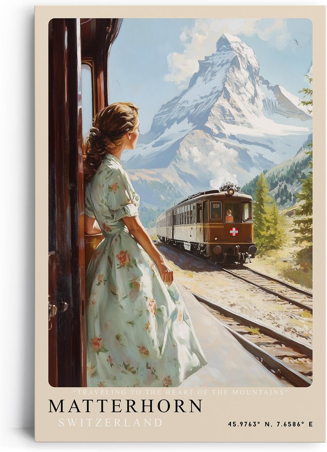 Paul Sinus Leinwandbild 40x60cm Matterhorn – Schweiz, Berge, Nostalgie, Zugreise, Natur, Alpen, Eleganz, Vintage, Panorama, Romantik, Entdeckung