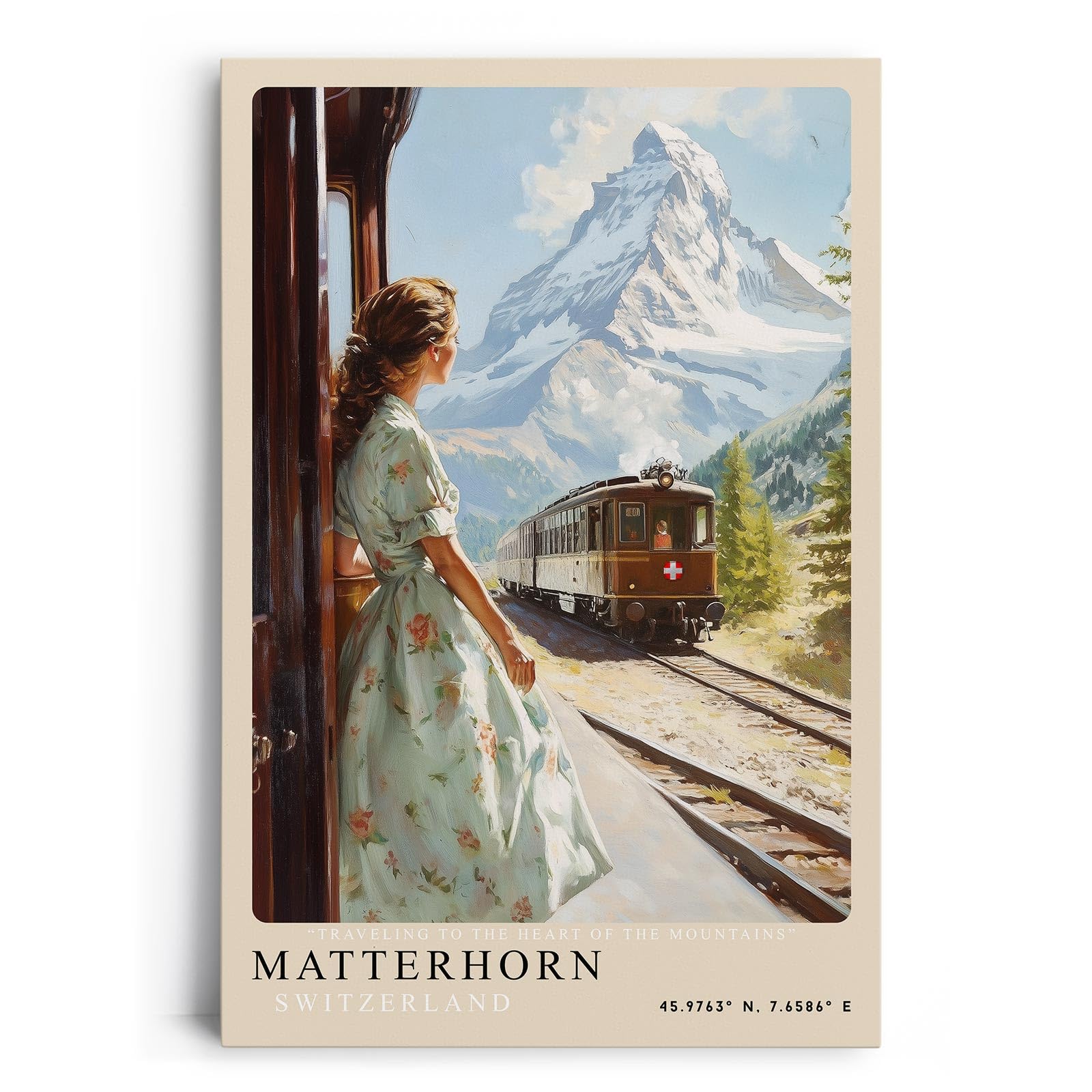 Paul Sinus Leinwandbild 40x60cm Matterhorn – Schweiz, Berge, Nostalgie, Zugreise, Natur, Alpen, Eleganz, Vintage, Panorama, Romantik, Entdeckung