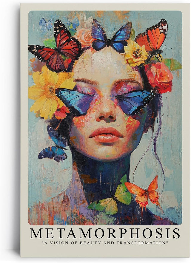 Paul Sinus Leinwandbild 40x60cm Leinwandbild Metamorphose – Ausdrucksstarke Porträtkunst mit Schmetterlingen, leuchtende Farben, surreale Schönheit