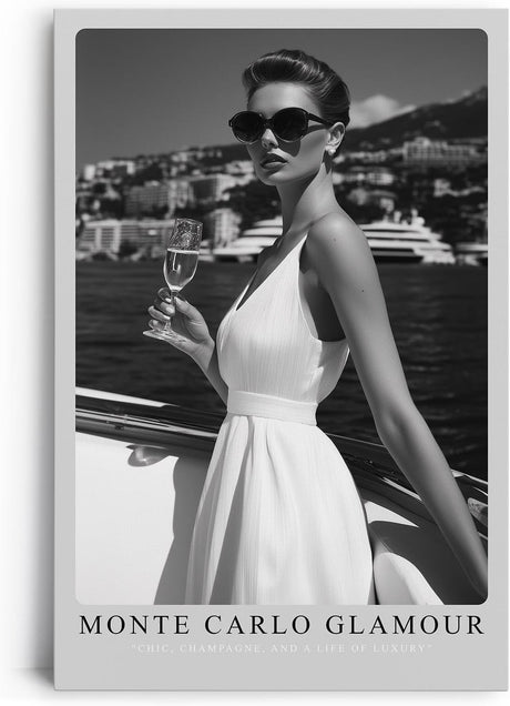 Paul Sinus Leinwandbild 80x120cm Leinwandbild Monte Carlo Glamour – Stilvolle Schwarz-Weiß-Fotografie einer eleganten Frau mit Champagner auf einer Yacht