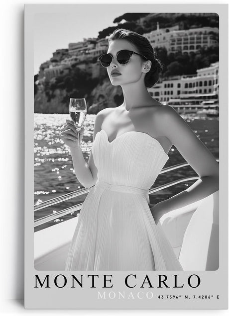 Paul Sinus Leinwandbild 40x60cm Leinwandbild Monte Carlo – Stilvolle Schwarz-Weiß-Fotografie einer eleganten Frau auf einer Yacht, luxuriöse Ästhetik