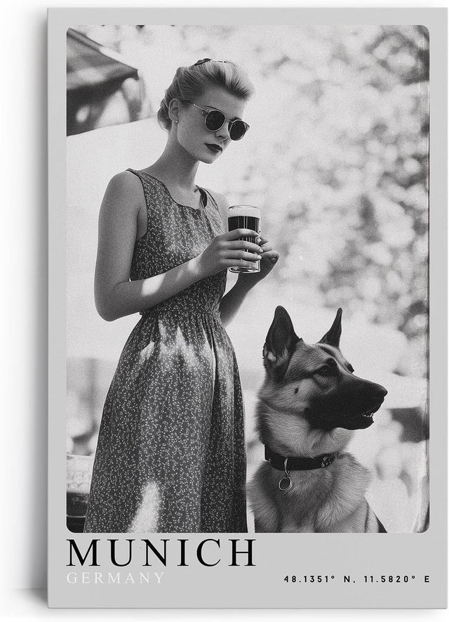 Paul Sinus Leinwandbild 80x120cm Munich – Vintage, Fotografie, Eleganz, Deutschland, Bier, Nostalgie, Charme, Stil, Schwarz-Weiß, Frau, Hund, Tradition