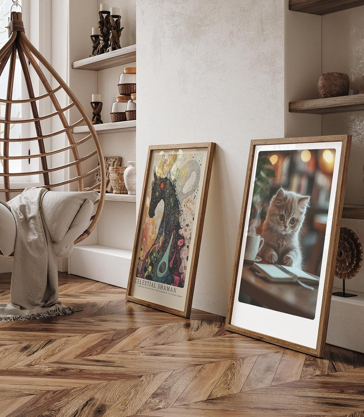 Paul Sinus Leinwandbild 80x120cm Leinwandbild Nachdenkliche Katze im Café – Charmante Szene mit flauschigem Kätzchen, gemütliche Atmosphäre, warmes Licht
