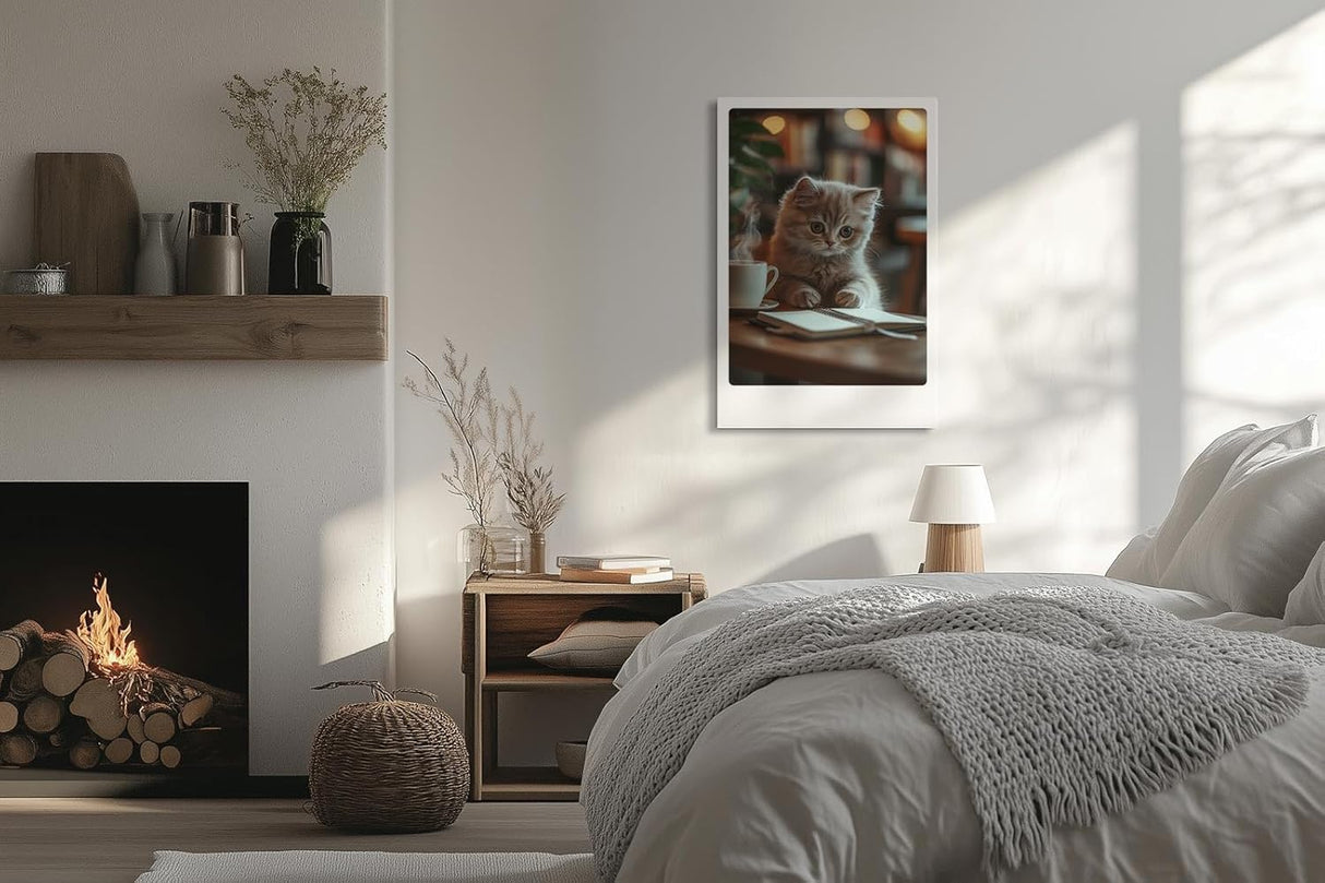 Paul Sinus Leinwandbild 80x120cm Leinwandbild Nachdenkliche Katze im Café – Charmante Szene mit flauschigem Kätzchen, gemütliche Atmosphäre, warmes Licht