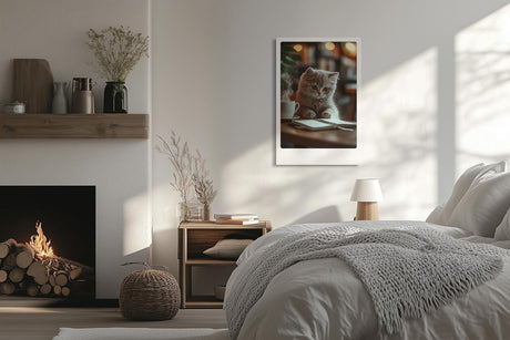 Paul Sinus Leinwandbild 80x120cm Leinwandbild Nachdenkliche Katze im Café – Charmante Szene mit flauschigem Kätzchen, gemütliche Atmosphäre, warmes Licht