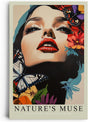 Paul Sinus Leinwandbild 40x60cm Leinwandbild Natur-Muse – Ausdrucksstarkes Porträt mit floralen Akzenten und Schmetterlingen, harmonische Farbkombination