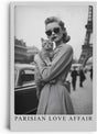 Paul Sinus Leinwandbild 80x120cm Pariser Eleganz – Stilvolles Retro-Porträt einer Frau mit Katze vor dem Eiffelturm