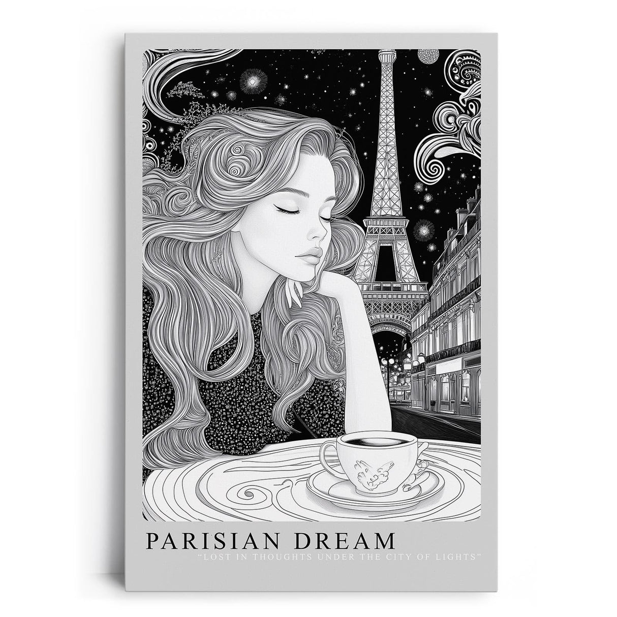Paul Sinus Leinwandbild 40x60cm Parisian Dream verträumte Frau mit Eiffelturm stilvoll elegant romantisch schwarz-weiß Illustration Paris