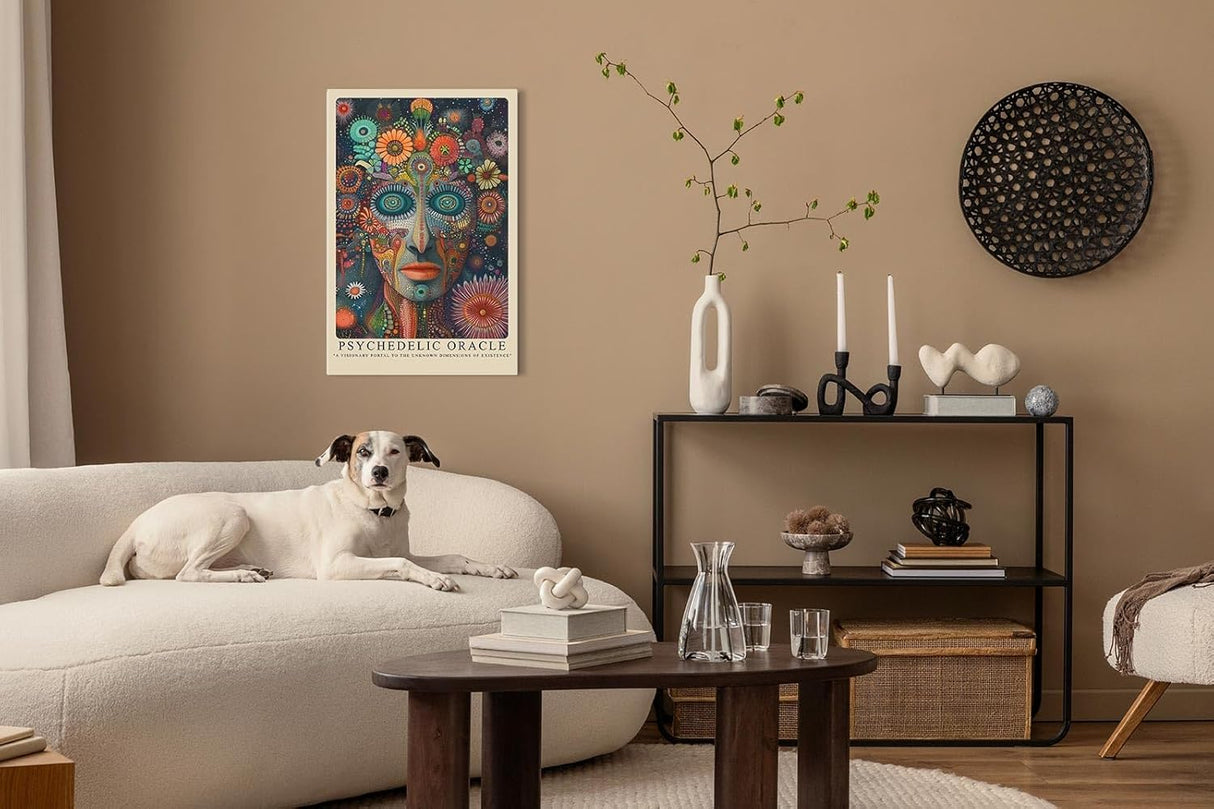 Paul Sinus Leinwandbild 60x90cm Psychedelisches Orakel – Visionäres Porträt mit leuchtenden Farben, abstrakten Mustern und surrealer Tiefenwirkung