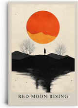Paul Sinus Leinwandbild 40x60cm Red Moon Rising geheimnisvolle Landschaft mit leuchtend rotem Mond Silhouette einsamer Figur reflektierendes Wasser