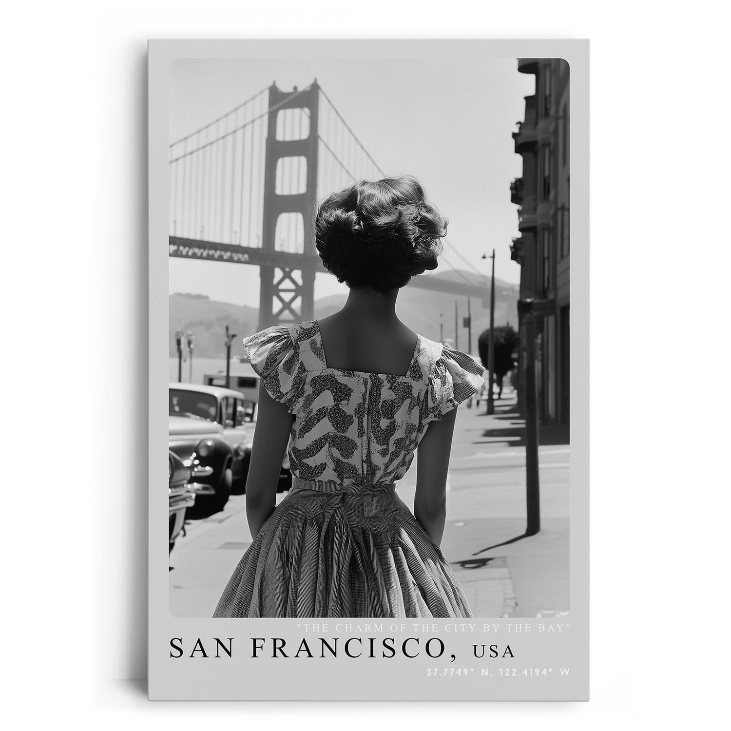 Paul Sinus Leinwandbild 80x120cm San Francisco USA Leinwandbild elegante Frau in Vintage-Kleid vor der Golden Gate Bridge