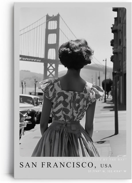 Paul Sinus Leinwandbild 80x120cm San Francisco USA Leinwandbild elegante Frau in Vintage-Kleid vor der Golden Gate Bridge