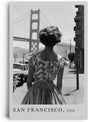 Paul Sinus Leinwandbild 80x120cm San Francisco USA Leinwandbild elegante Frau in Vintage-Kleid vor der Golden Gate Bridge