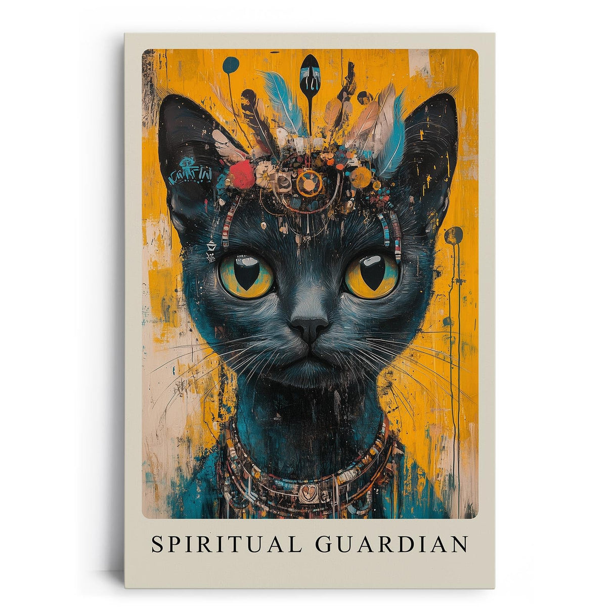 Paul Sinus Leinwandbild 80x120cm Spiritual Guardian mystische schwarze Katze spirituell faszinierend Symbolik kraftvolle Farben goldene Augen